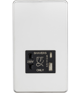 Knightsbridge Shaver socket with dual USB A+C (5V DC 2.4A shared) - polished chrome with black insert - SF8909PC-1