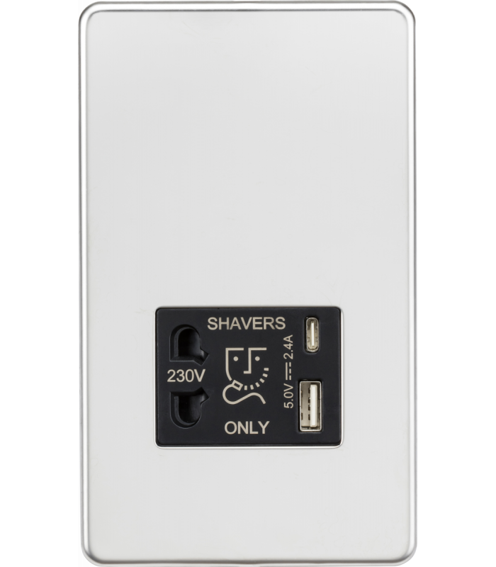 Knightsbridge Shaver socket with dual USB A+C (5V DC 2.4A shared) - polished chrome with black insert - SF8909PC-1