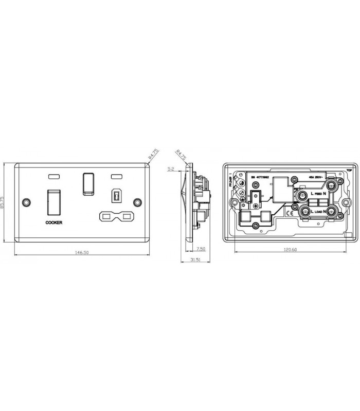 Knightsbridge 45A DP switch and 13A switched socket with neons - brushed chrome with grey insert - CL83MNBCG-2