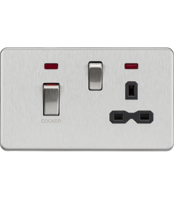 Knightsbridge 45A DP switch and 13A switched socket with neons - brushed chrome with black insert - SFR83MNBC-1
