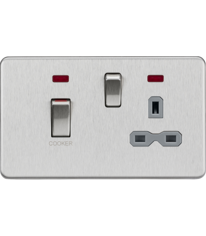 Knightsbridge 45A DP switch and 13A switched socket with neons - brushed chrome with grey insert - SFR83MNBCG-1