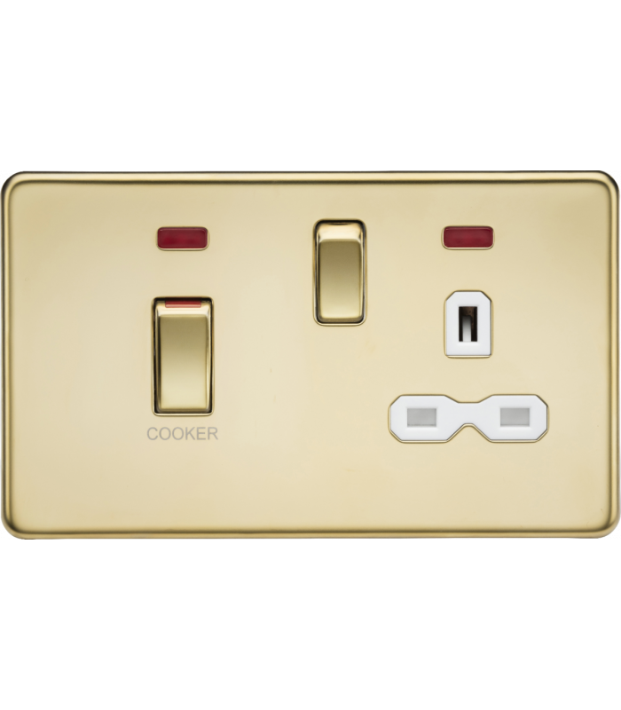 Knightsbridge 45A DP switch and 13A switched socket with neons - polished brass with white insert - SFR83MNPBW-1