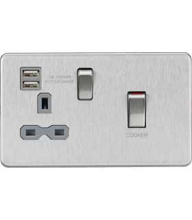 Knightsbridge 45A DP Switch and 13A switched socket with dual USB charger - brushed chrome with grey insert - SFR83UMBCG-1