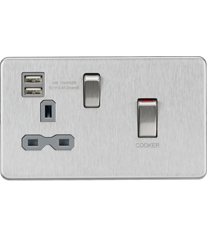 Knightsbridge 45A DP Switch and 13A switched socket with dual USB charger - brushed chrome with grey insert - SFR83UMBCG-1