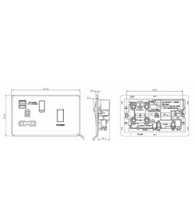 Knightsbridge 45A DP Switch and 13A switched socket with dual USB charger - brushed chrome with grey insert - SFR83UMBCG-2