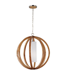 Allier 1 Light Large Spherical Cage Ceiling Pendant Brushed Steel Light wood E27-1
