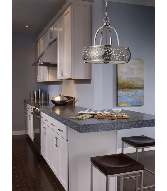 Zara 4 Light Cylindrical Ceiling Pendant Light Brushed Steel with Silver Fabric E27-2