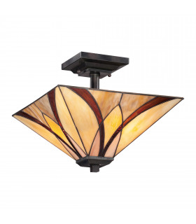 Asheville 2 Light Semi Flush Ceiling Lamp Bronze Tiffany Glass E27-1