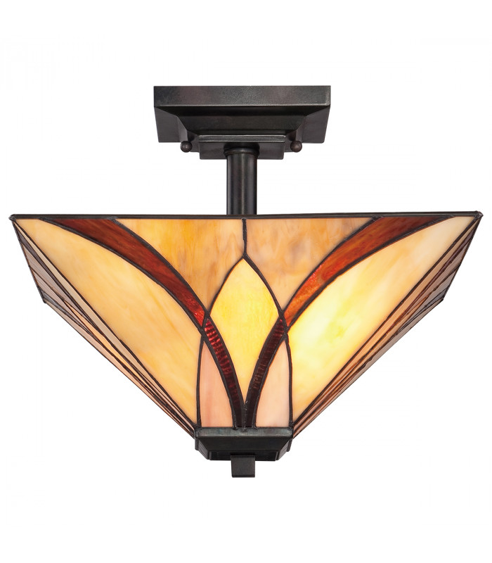 Asheville 2 Light Semi Flush Ceiling Lamp Bronze Tiffany Glass E27-3