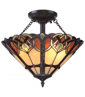 Cambridge 2 Light Semi Flush Ceiling Light Vintage Bronze Tiffany Glass E27-1