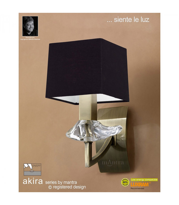 Akira Wall Lamp Switched 1 Light E14 Antique Brass With Black Shade-2