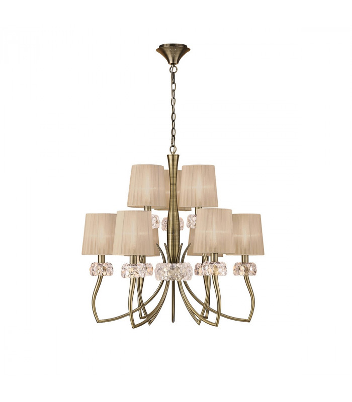 Loewe 2 Tier Pendant 6+3 Light E14 Antique Brass With Soft Bronze Shades-1