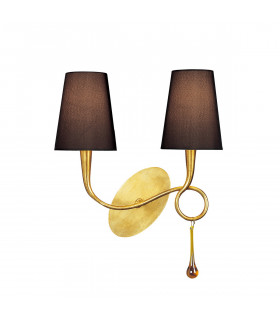 Paola Wall Lamp 2 Light E14 Gold Painted With Black Shades & Amber Glass Droplets-1