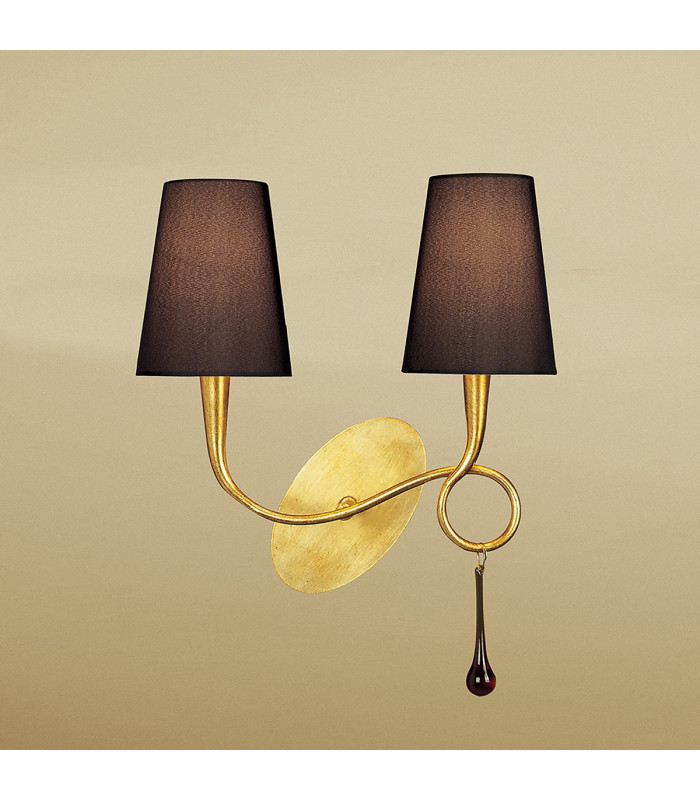 Paola Wall Lamp 2 Light E14 Gold Painted With Black Shades & Amber Glass Droplets-2
