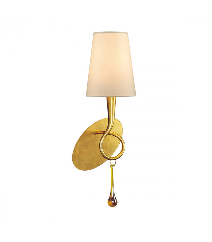 Paola Wall Lamp 1 Light E14 Gold Painted With Cream Shade & Amber Glass Droplets-1