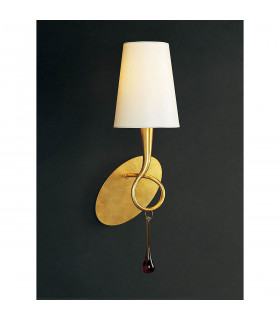 Paola Wall Lamp 1 Light E14 Gold Painted With Cream Shade & Amber Glass Droplets-2