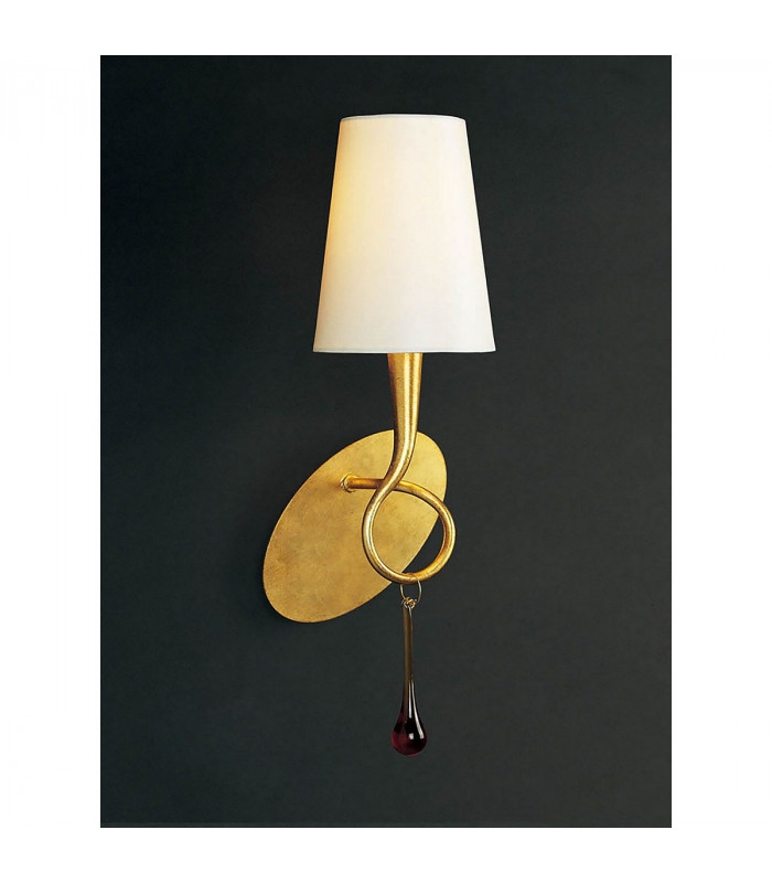 Paola Wall Lamp 1 Light E14 Gold Painted With Cream Shade & Amber Glass Droplets-2