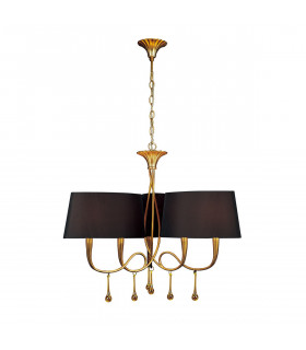 Paola Pendant 3 Arm 6 Light E14 Gold Painted With Black Shades & Amber Glass Droplets-1
