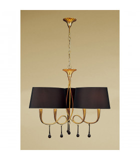 Paola Pendant 3 Arm 6 Light E14 Gold Painted With Black Shades & Amber Glass Droplets-2