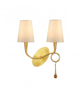 Paola Wall Lamp 2 Light E14 Gold Painted With Cream Shades & Amber Glass Droplets-1