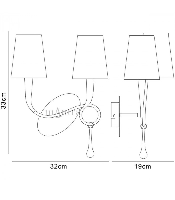 Paola Wall Lamp 2 Light E14 Gold Painted With Cream Shades & Amber Glass Droplets-6
