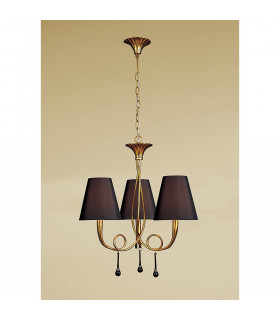 Paola Pendant 3 Light E14 Gold Painted With Black Shades & Amber Glass Droplets-2