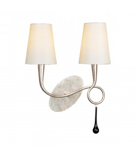 Paola Wall Lamp Switched 2 Light E14 Silver Painted With Cream Shades & Black Glass Droplets-1