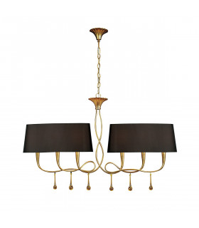 Paola Linear Pendant 2 Arm 6 Light E14 Gold Painted With Black Shades & Amber Glass Droplets-1