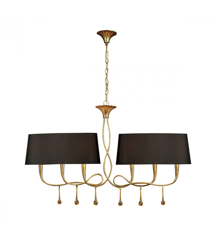 Paola Linear Pendant 2 Arm 6 Light E14 Gold Painted With Black Shades & Amber Glass Droplets-1