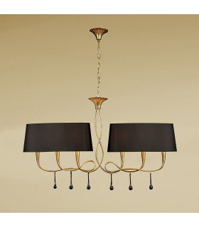 Paola Linear Pendant 2 Arm 6 Light E14 Gold Painted With Black Shades & Amber Glass Droplets-2