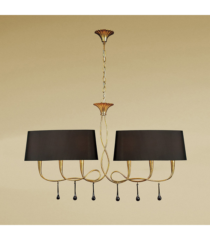 Paola Linear Pendant 2 Arm 6 Light E14 Gold Painted With Black Shades & Amber Glass Droplets-2