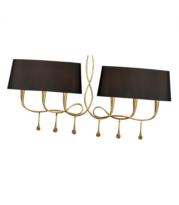 Paola Linear Pendant 2 Arm 6 Light E14 Gold Painted With Black Shades & Amber Glass Droplets-5