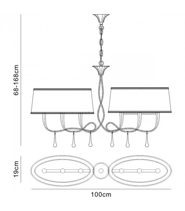 Paola Linear Pendant 2 Arm 6 Light E14 Gold Painted With Black Shades & Amber Glass Droplets-9