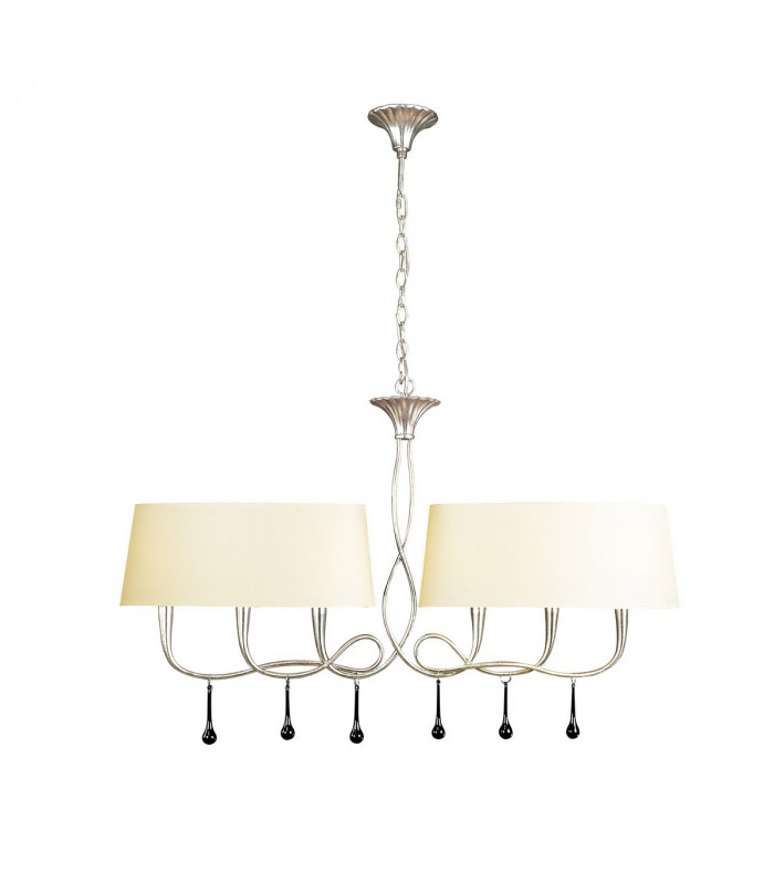 Paola Linear Pendant 2 Arm 6 Light E14 Silver Painted With Cream Shades & Black Glass Droplets-1