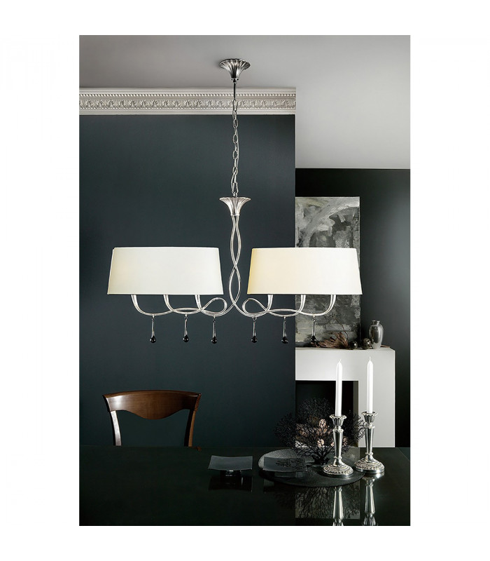 Paola Linear Pendant 2 Arm 6 Light E14 Silver Painted With Cream Shades & Black Glass Droplets-2