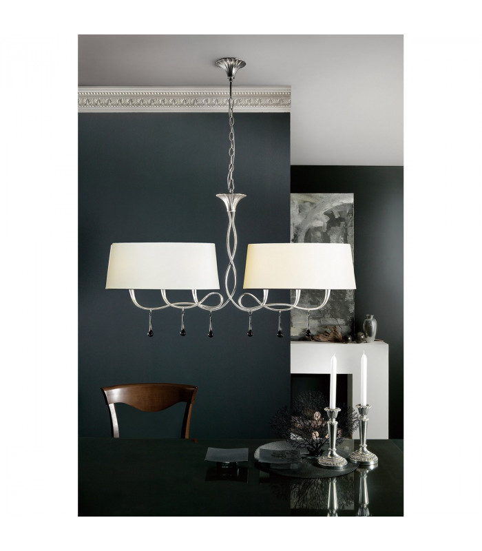 Paola Linear Pendant 2 Arm 6 Light E14 Silver Painted With Cream Shades & Black Glass Droplets-3