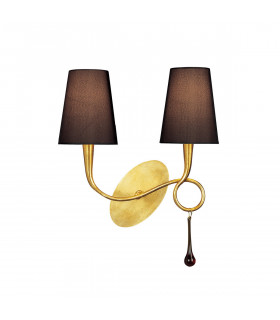 Paola Wall Lamp Switched 2 Light E14 Gold Painted With Black Shades & Amber Glass Droplets-1