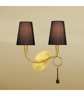 Paola Wall Lamp Switched 2 Light E14 Gold Painted With Black Shades & Amber Glass Droplets-2