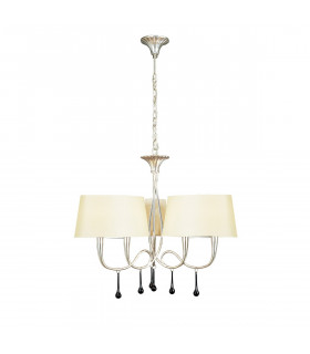 Paola Pendant 3 Arm 6 Light E14 Silver Painted With Cream Shades & Black Glass Droplets-1