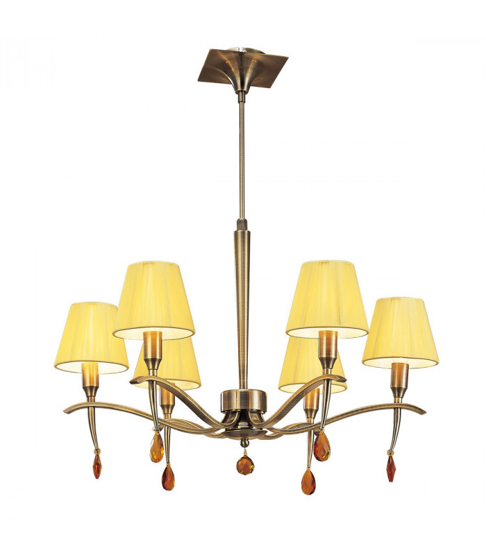 Siena Pendant Round 6 Light E14 Antique Brass With Amber Cream Shades And Amber Crystal-1