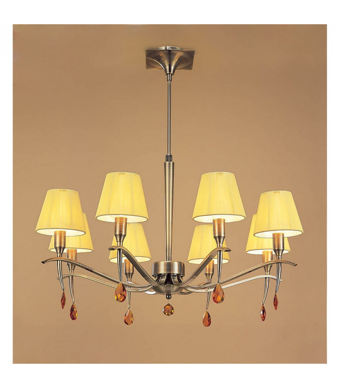 Siena Pendant Round 8 Light E14 Antique Brass With Amber Cream Shades And Amber Crystal-2