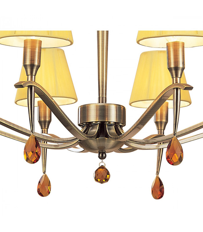 Siena Pendant Round 8 Light E14 Antique Brass With Amber Cream Shades And Amber Crystal-5
