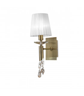 Tiffany Wall Lamp Switched 1+1 Light E14+G9 Antique Brass With White Shade & Clear Crystal-1