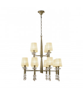 Tiffany Pendant 2 Tier 12+12 Light E14+G9 Antique Brass With Cream Shades & Clear Crystal-1
