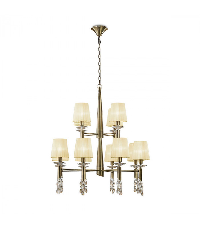 Tiffany Pendant 2 Tier 12+12 Light E14+G9 Antique Brass With Cream Shades & Clear Crystal-1