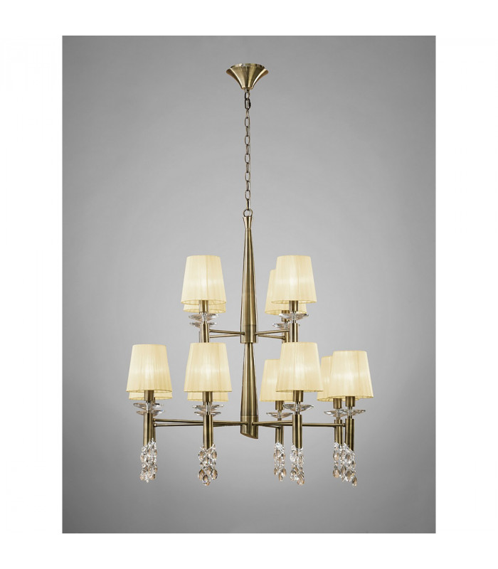 Tiffany Pendant 2 Tier 12+12 Light E14+G9 Antique Brass With Cream Shades & Clear Crystal-2