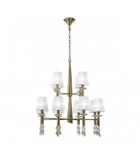 Tiffany Pendant 2 Tier 12+12 Light E14+G9 Antique Brass With White Shades & Clear Crystal-1