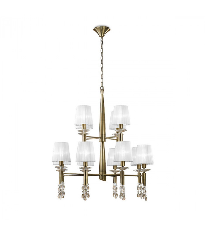 Tiffany Pendant 2 Tier 12+12 Light E14+G9 Antique Brass With White Shades & Clear Crystal-1
