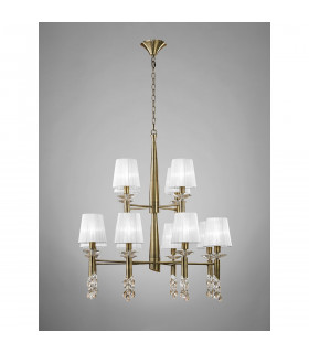 Tiffany Pendant 2 Tier 12+12 Light E14+G9 Antique Brass With White Shades & Clear Crystal-2