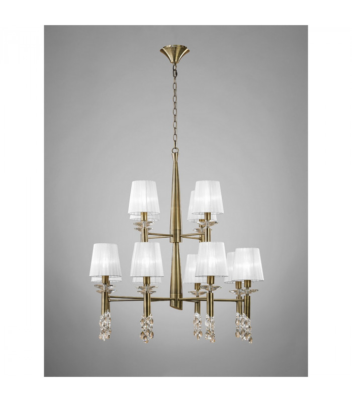 Tiffany Pendant 2 Tier 12+12 Light E14+G9 Antique Brass With White Shades & Clear Crystal-2